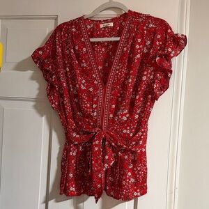 Max Studio Red Floral Tie-Front V-Neck Blouse